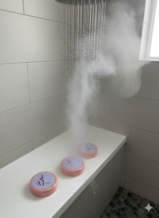 Three circular shower steamers with label on a shower shelf, with steam rising from them.
Details