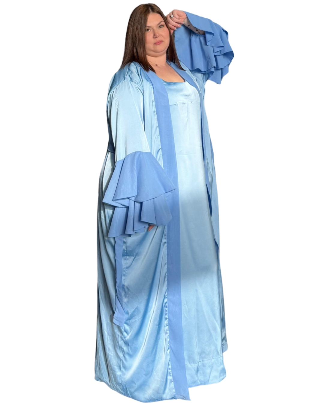 Woman wearing a blue satin intentional soft mom robe with lace trim