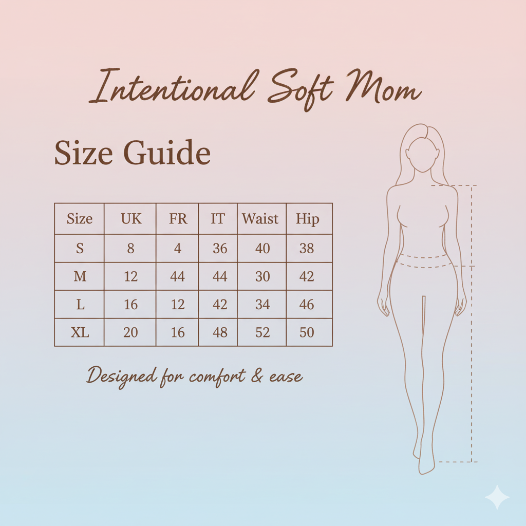 Size guide for 'Intentional Soft Mom' with a woman's outline and measurement chart.