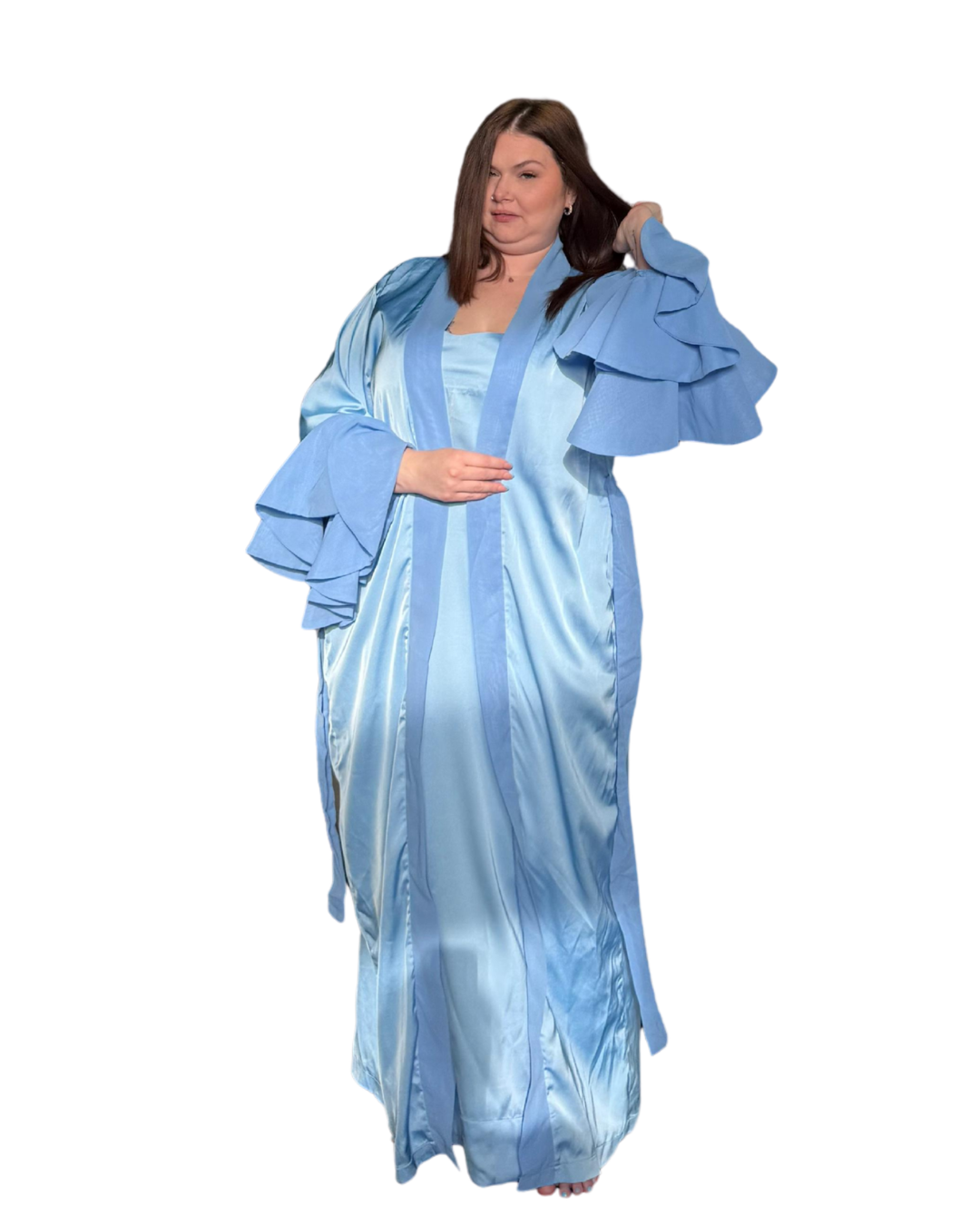 Woman wearing a blue satin intentional soft mom robe with lace trim