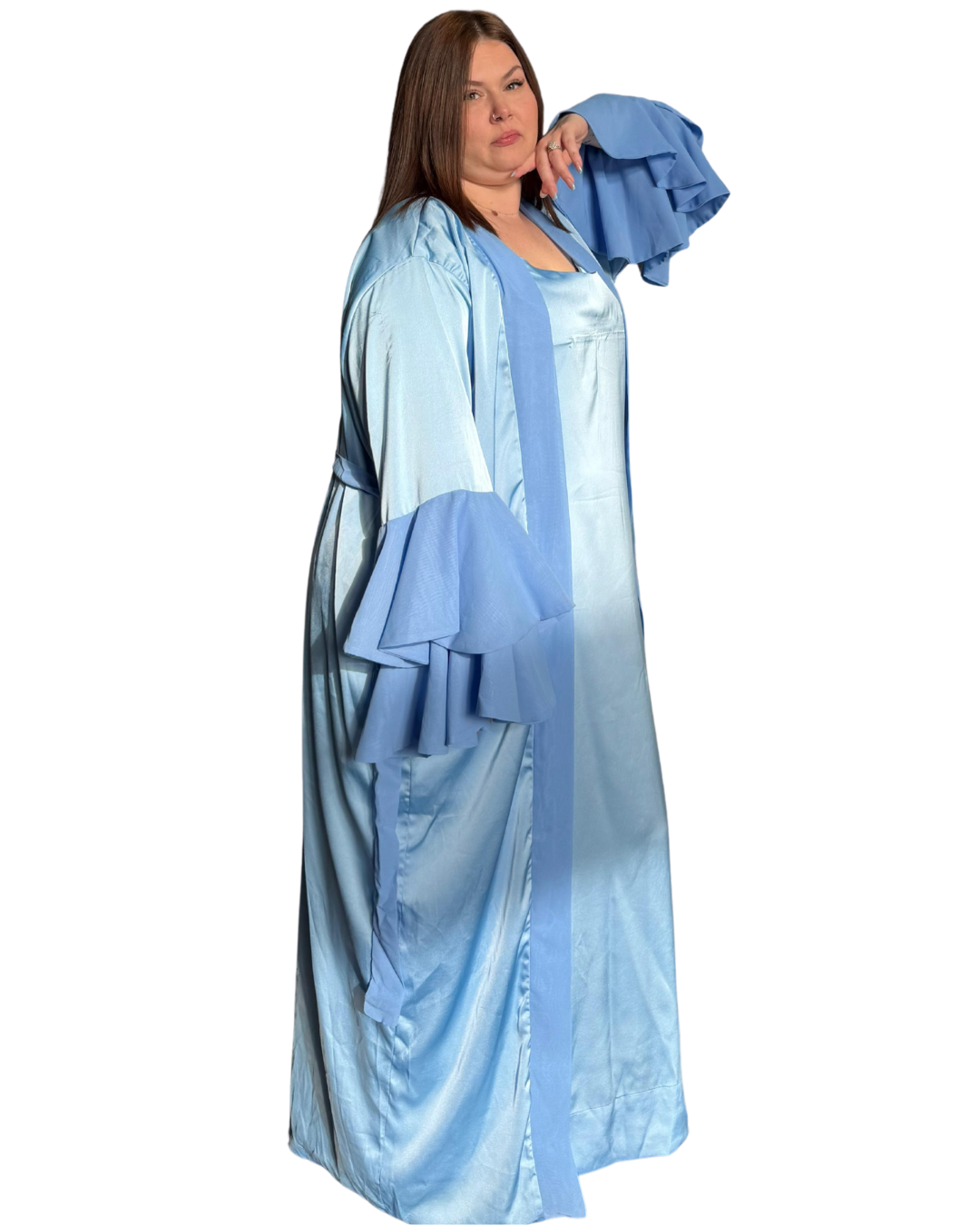 Woman wearing a blue satin intentional soft mom robe with lace trim